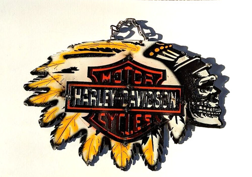 Metal Harley Davidson Wall Sign Art with Skull Die Cut Hand Painted 22" x 14 1/2