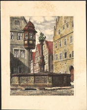 1930 Rare Etching Watercolor Rothenburg Fountain Germany