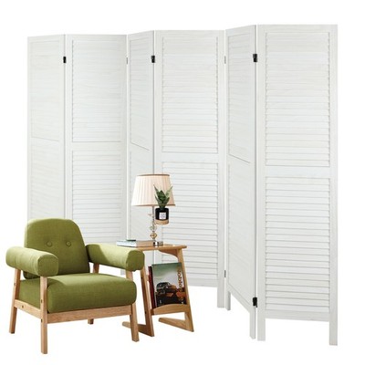 6 Panel Room Divider Wood Folding Privacy Screen Louvered Partition Wall White