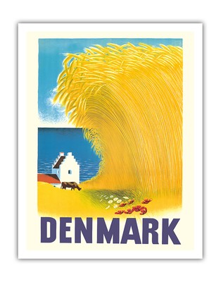 Denmark Wheat Field & Danish House - Vintage Travel Poster by Aage Rasmussen