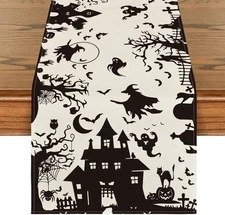 Black White Spooky Haunted House Tree Ghost Witch Halloween Table Runner, Fall K