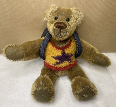 Vintage 1990s Fat Dallys Mohair R Fur jointed Teddy Bear & Denim Backpack 1999