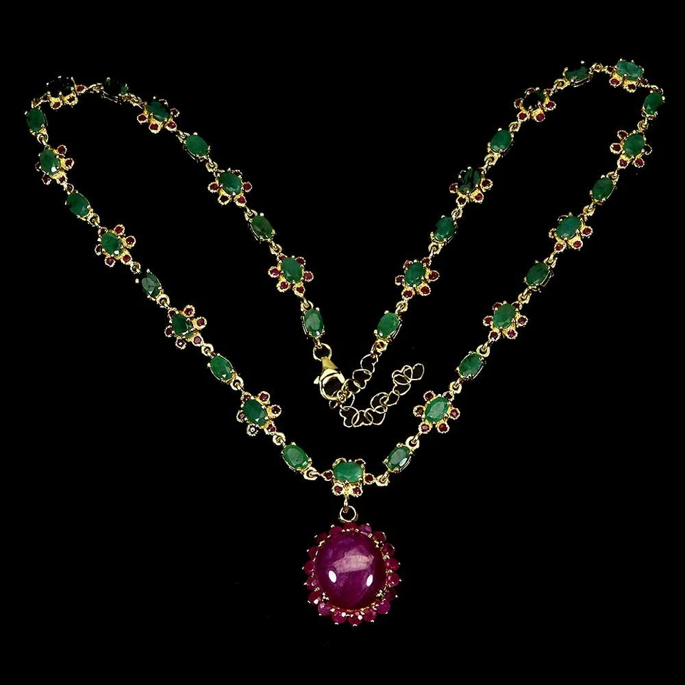 925 Sterling Silver Necklace Oval Ruby 16x14mm Emerald Gemstone Jewelry 18in - Image 2 of 4