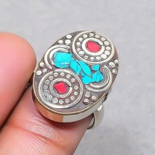 Tibetan Turquoise Coral Handmade Bohemian Jewelry Nepali Adjustable Ring SR 3008
