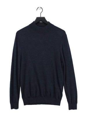 Reiss Herren Pullover L blau 100% Wolle Mock Neck Pulli