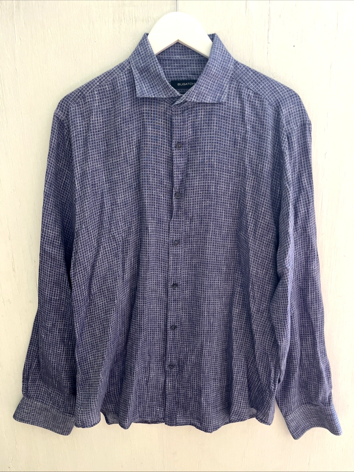 BUGATCHI Shaped Fit Purple Geometric 100% Linen Button up Shirt Long Sleeve L