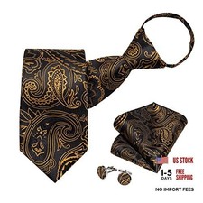 Silk Zipper Ties for Men,Paisley Solid Plaid Pre-tied Tie and Black Gold