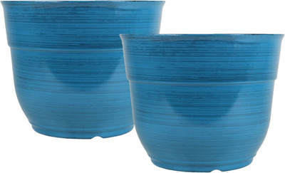 Set of 2 Large Dark Blue Glazed Plastic Planters for Indoor/Outdoor Use