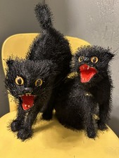 Vintage Rare Set Of 2 Scary Black Realistic Cat Halloween Decor Prop 1950/60s