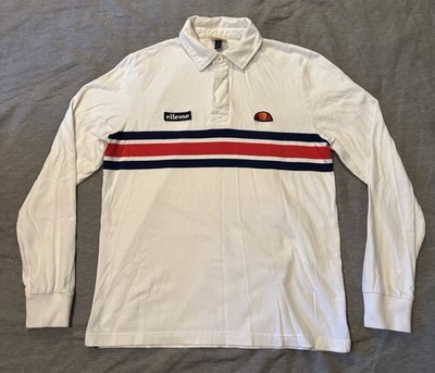 ellesse Men's Long Sleeve Striped Button Polo Shirt M White Red Blue Logo