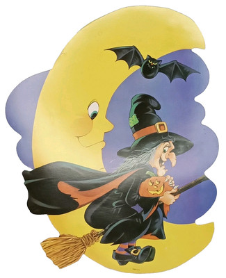 VTG Eureka Hallween Die Cut Decoration Flying With On Broom Crescent Moon & Bat