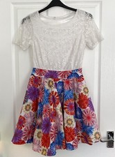 A-Line Dress Lace Overlay Top Short Sleeve Size 12 30” Bust Zip Closure Floral