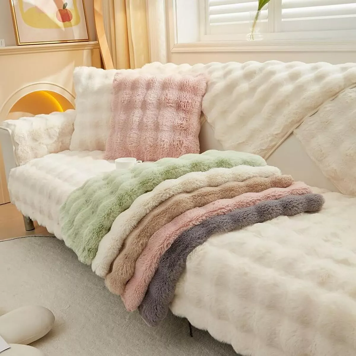 Funny Fuzzy Cosy Plush Solid Colour Non-Slip Couch Cover Soft Warm Cushion