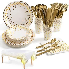 141 Pieces White Gold Party Supplies Party Dinnerware Sets Paper Plates Napki...