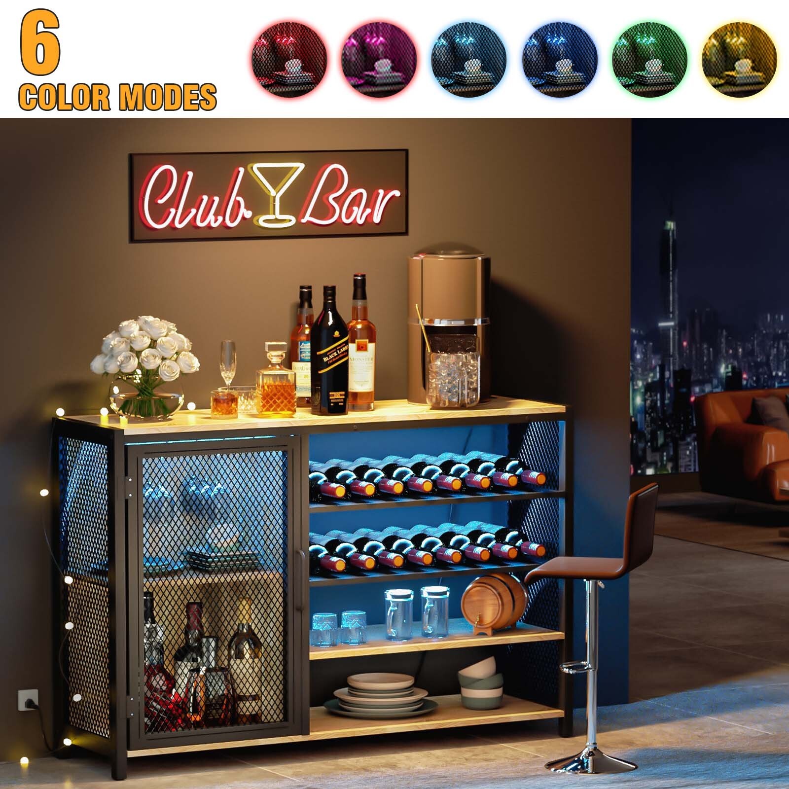 Wine Bar Cabinet Liquor Cabinet Home Cupboard Storage with LED ＆ Power Outlets