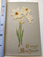 Postcard Flower Embossed Print Holiday Greeting Card A Happy New Year