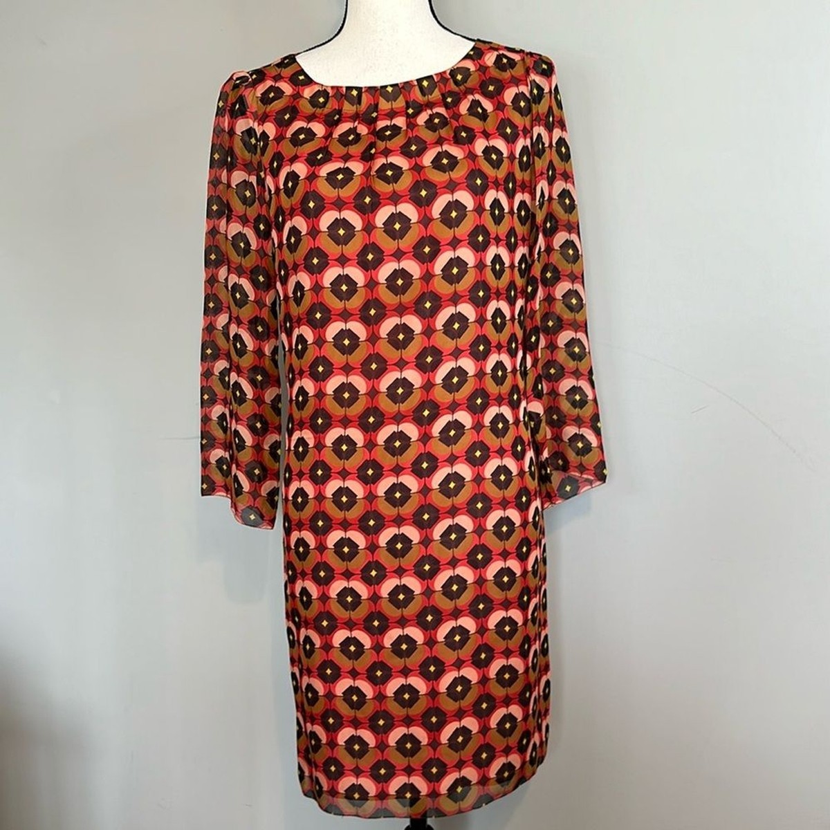 Fossil 100% Silk Quarter Sleeve Mod 70s Style Midi Floral Design Dress  Medium