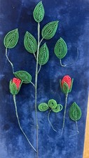 Beaded French Red Rose Buds Green Leaves For Crafting