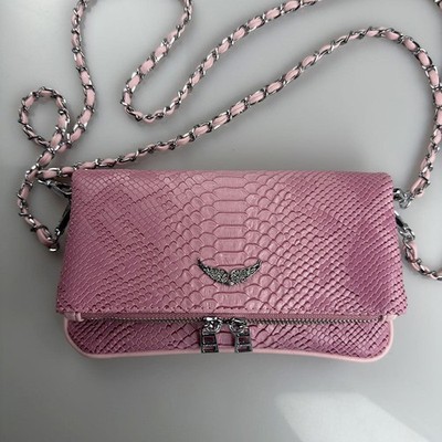 Zadig & Voltaire Rock Wing Pink Snake Embossed Leather Crossbody Bag 22x15cm