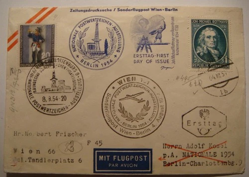 Wien Berlin ,FDC 1954.Stamp Exhibition.Sonderflugpost.Austria Germany.