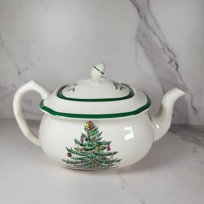 Vintage Spode Christmas Tree Teapot & Lid  Green Trim ~ Made in England~IN BOX