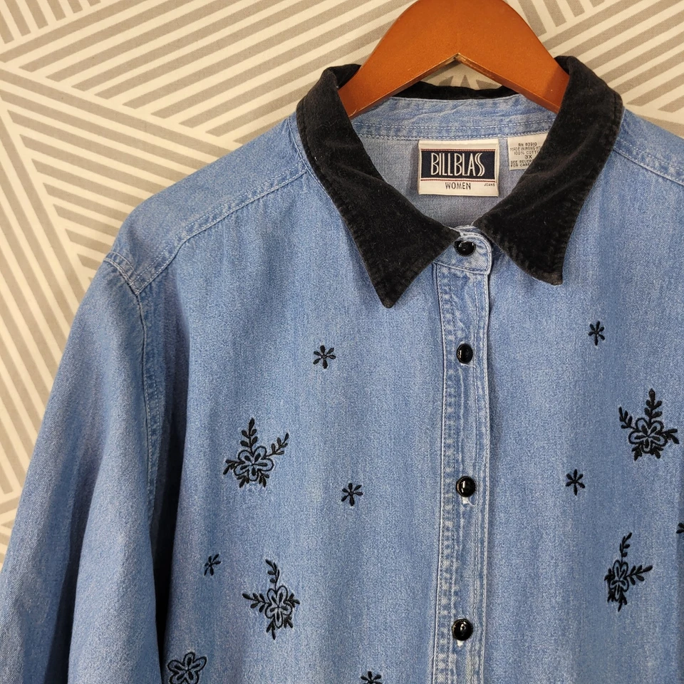 Vintage Denim Top Jacket Plus Size 3X Embroidered Shacket Floral Corduroy Collar - Image 4 of 4