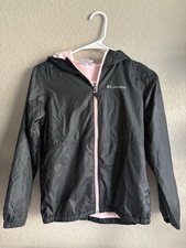Columbia Girls Jacket Hooded Windbreaker Zip Black/Pink Pockets Size M 10/12