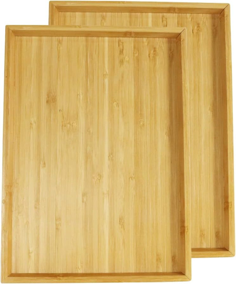WKWKER Bamboo Serving Tray Set of 2 - Portable Rectangle Tray Platters for Kitch