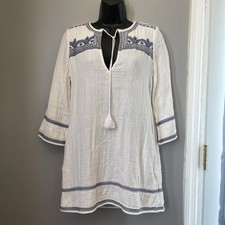 Forever 21 Dress Womens White Blue Embroidered Boho Peasant 3/4 sleeve  Sz S