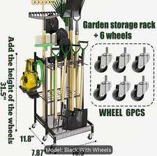 Garden Metal Tool Rack Organizer Stand, Freestanding, Black w/ Wheels 31.5in