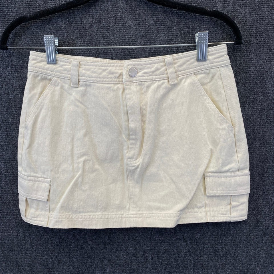 Luck & Trouble Next To Me Womens Cargo Mini Skirt Beige Denim Low Rise Size 8