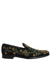 Dolce & Gabbana Green Floral Embroidery Dress Loafers Men's Shoes