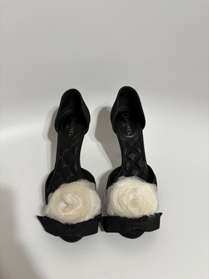 Vtg Chanel Black White Camellia Flower Heels 36 | eBay