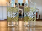 Pyrex Spring Blossom 8.5" pitchers (TWO) with handles, green and white flowers