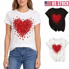 Womens Cotton T-Shirt Red Heart Printed Short Sleeve Crew Neck Tunic Tee Tops ♪