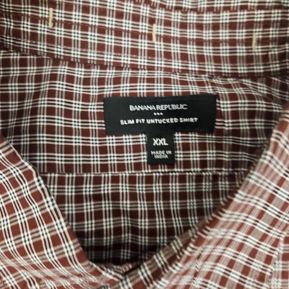 Banana Republic Shirt Mens 2XL Burgundy Plaid Slim Fit Untucked Button Down - Image 4 of 4