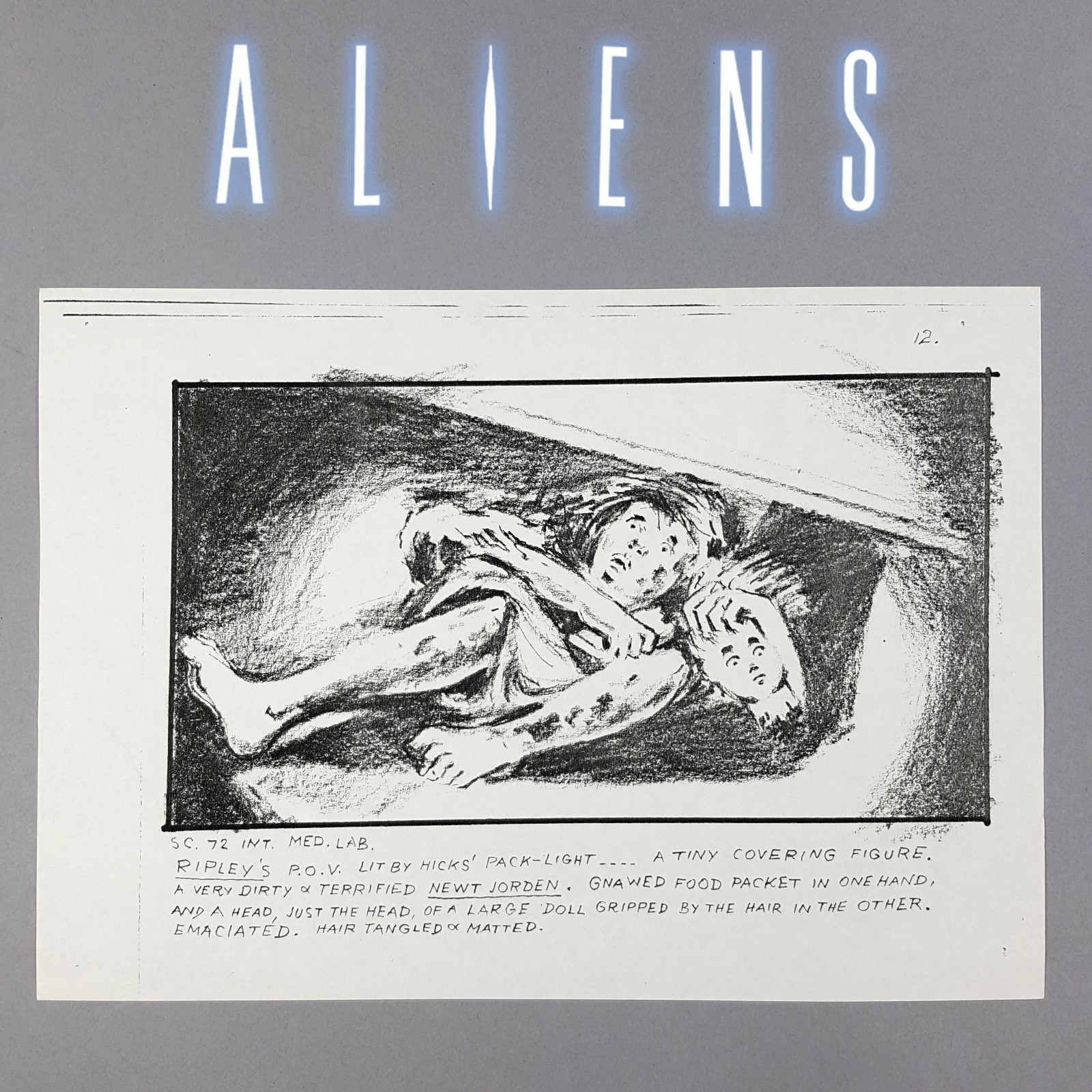 Aliens (1986) - Production Used Storyboard, Ripley POV Discovers Newt Hiding