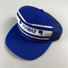 Vintage Hawaii Hat Cap Snapback Trucker Blue White Mesh Palm Tree Beach Surf 80s