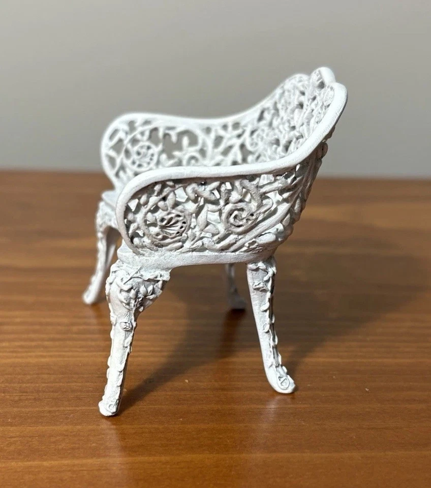 Ornate Dollhouse Heavy Wrought Iron White Garden Bench Miniature Furniture NOS - Image 3 of 4