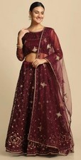 Indian wedding lehenga choli dupatta set maroon purple gold with sequins