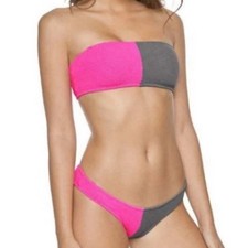 New PilyQ Acai Reef- Two Toned Bandeau Bikini Set Color Block Pink Gray Sz M