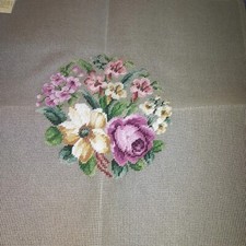 Vintage Large Bucilla Wool Decorator Needlepoint Canvas Floral Center