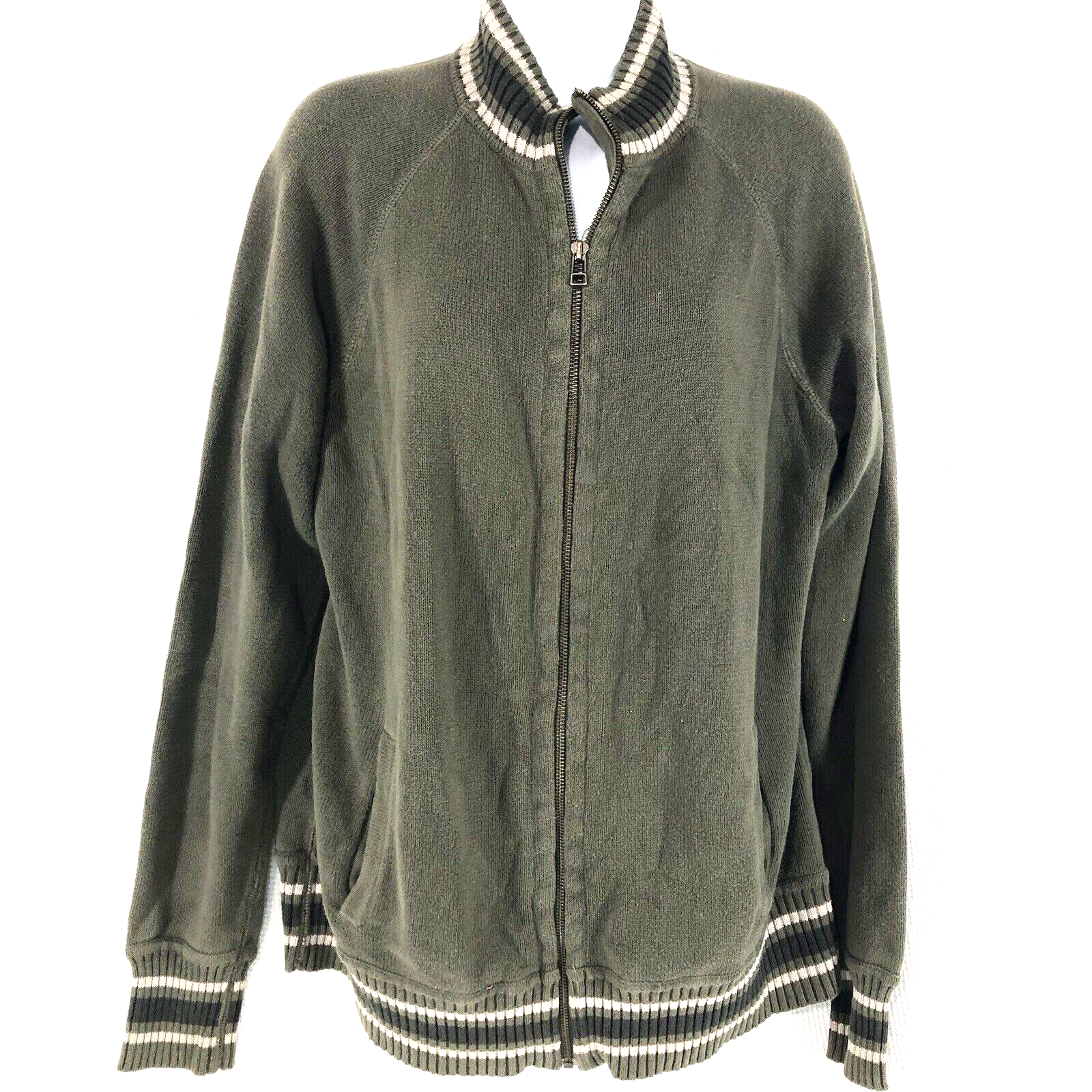 Mossimo cardigan sweater womens M army green full zip accent ribbed hems vtg 90s