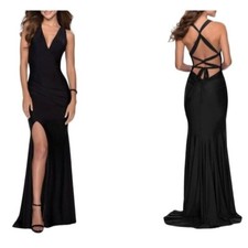 NEW LA FEMME Black Satin V-neck Sleeveless Jersey Trumpet Gown 28677 Size 8 NWT