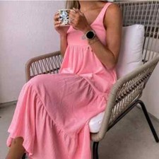 Free People Reel Love Open Back Ruffle Tier Midi Dress, Pink, Large, RRP $88