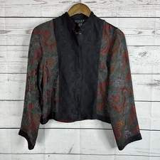 Citron Santa Monica Jacket Womens Small Red Silk Blend Button Art Asain Bird