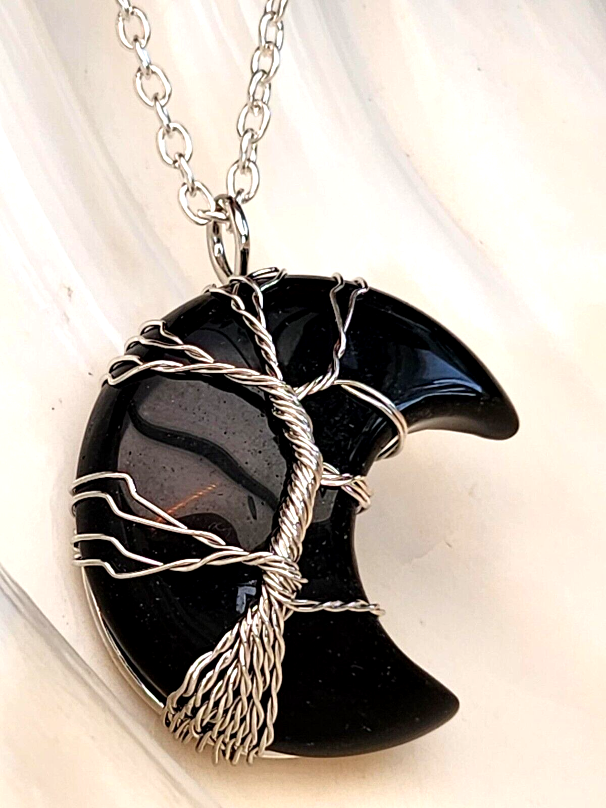 Tree of life Obsidian Moon Pendant 20"" Necklace Crescent Wire Wrapped Jewellery
