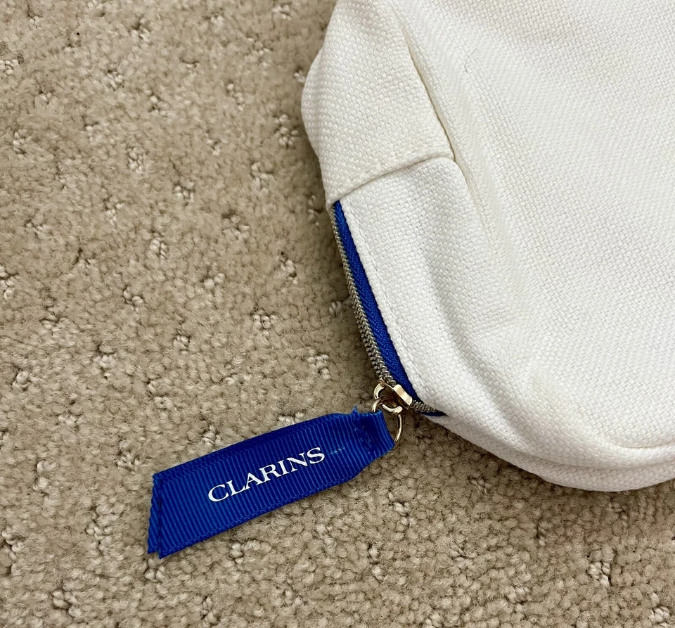 Bolsa de Maquillaje CLARINS Amarillo Azul Blanco con Palmeras y Bolsa de Viaje de Cosméticos para Pájaros-NUEVA Foto 3 de 4