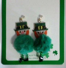  ST. PATRICK'S DAY  BEADED LEPRECHAUN POM LUCKY EARRINGS  HYPOALLERGENIC 