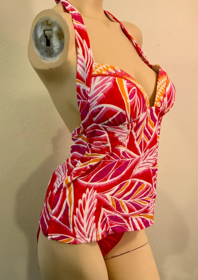Conjunto Tankini Mujer Leilani Traje de Baño Rosa Naranja Blanco Estampado Tropical Talla 8 10 12 Foto 3 de 4